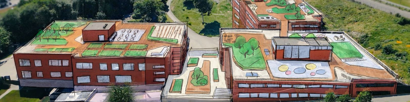 En bygning med en grønn plen